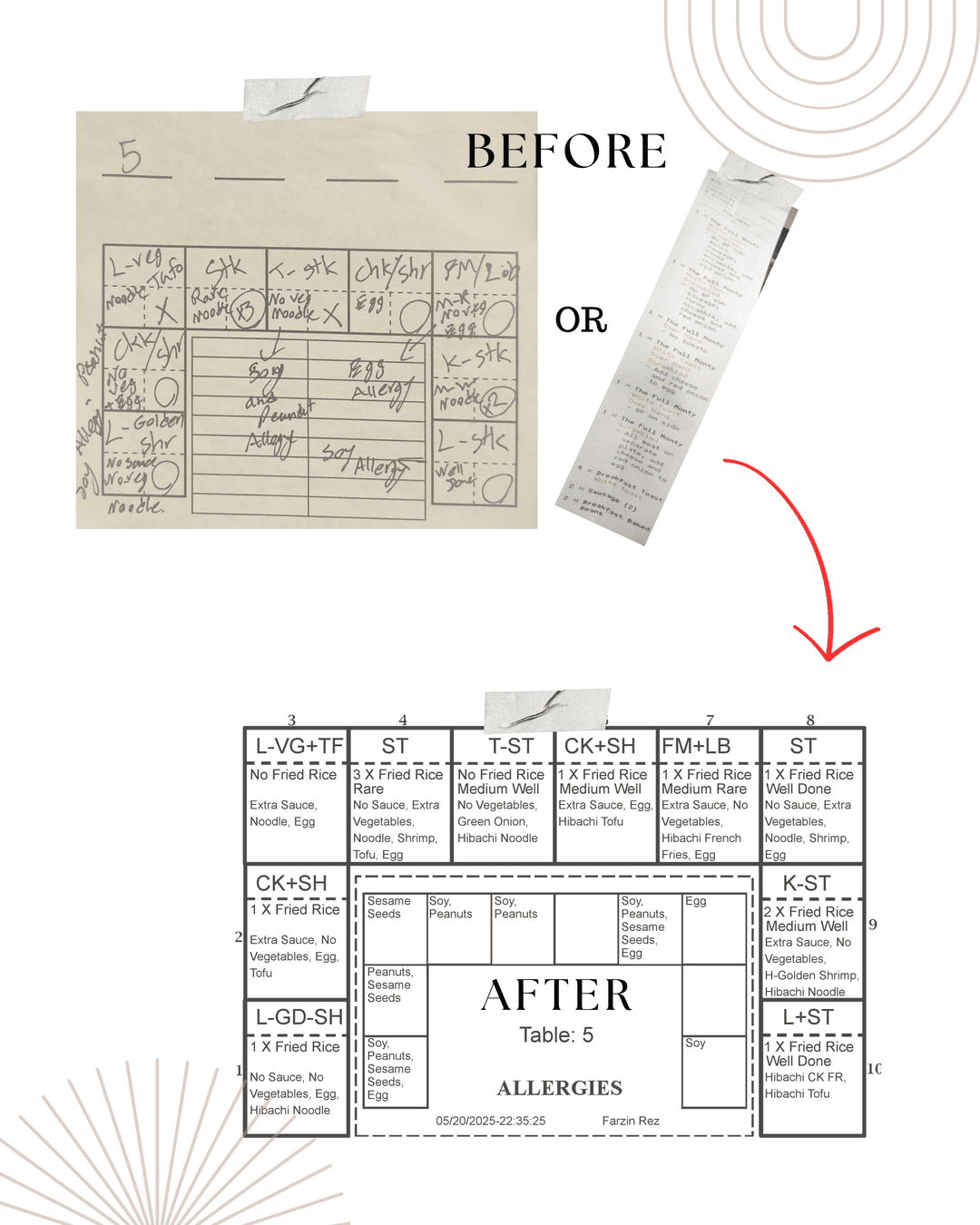 Before and after: handwritten hibachi tickets transformed into HibachiFlow's smart printed tickets